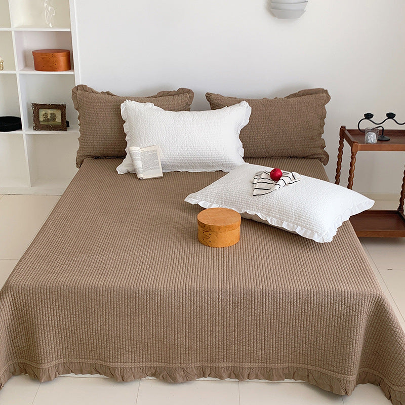 Waffle-Texture Ruffled-Hem Bedspread and Quilted Pillow Sham Set