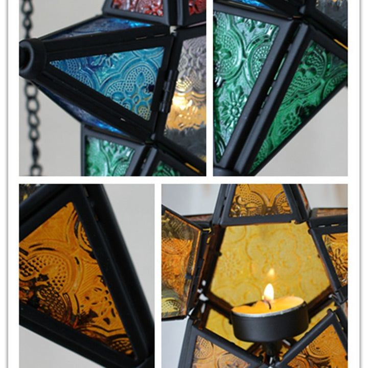 Moroccan-Inspired Stained Glass Star Hanging Lanterns with Embossed Panels Stornfield