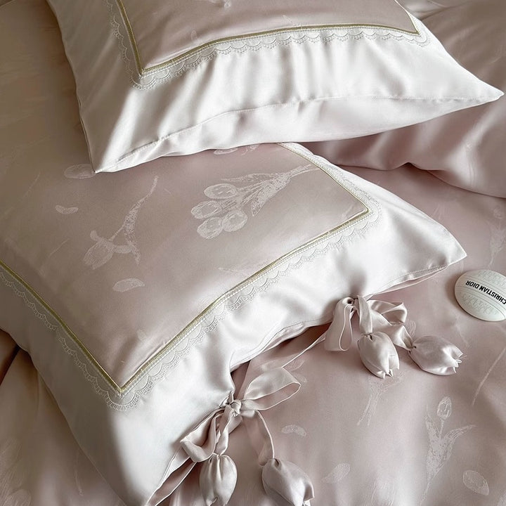 Premium Silk-Blend Floral Embroidered Bedding Ensemble with Bolster and Tie-Trim Pillow Shams