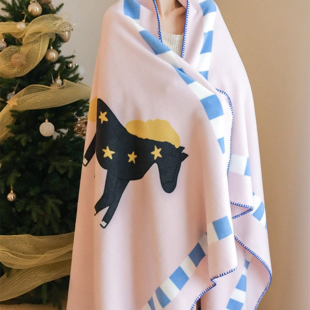Children's cuddly blanket made of soft fleece with horse print and decorative edge