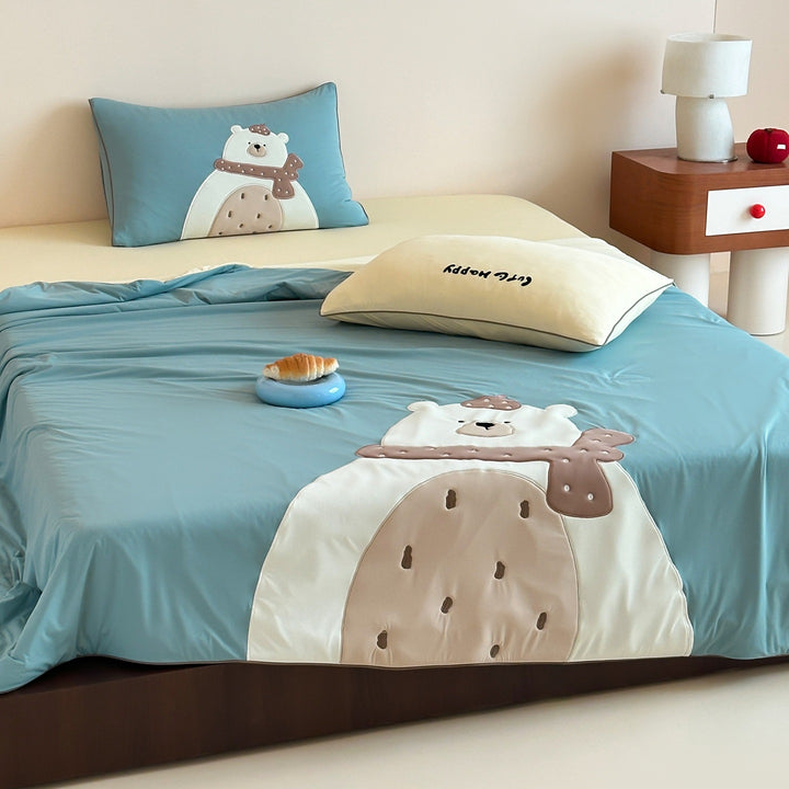 Children's bed linen set with cute animal appliqué, fitted sheet and pillowcase