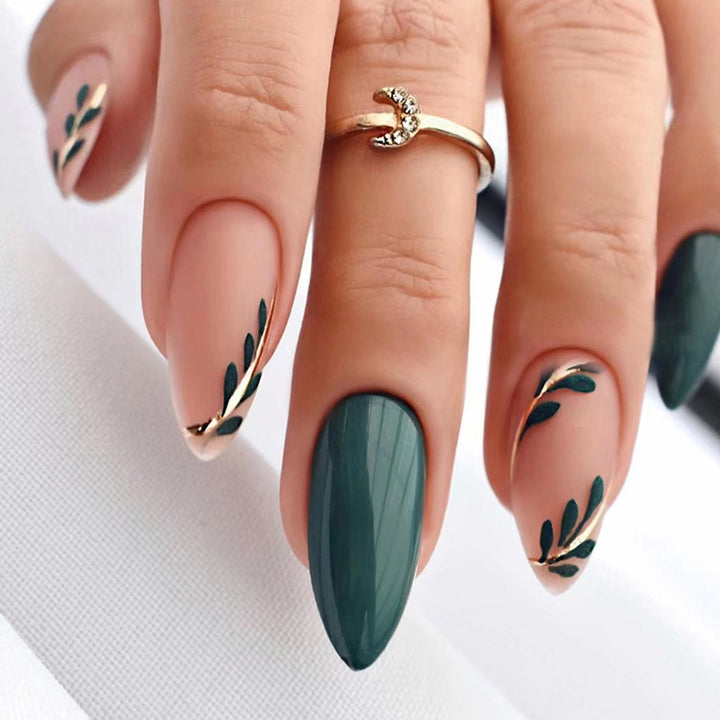 Artistic Press-On Nail Set with Leaf Designs Stornfield