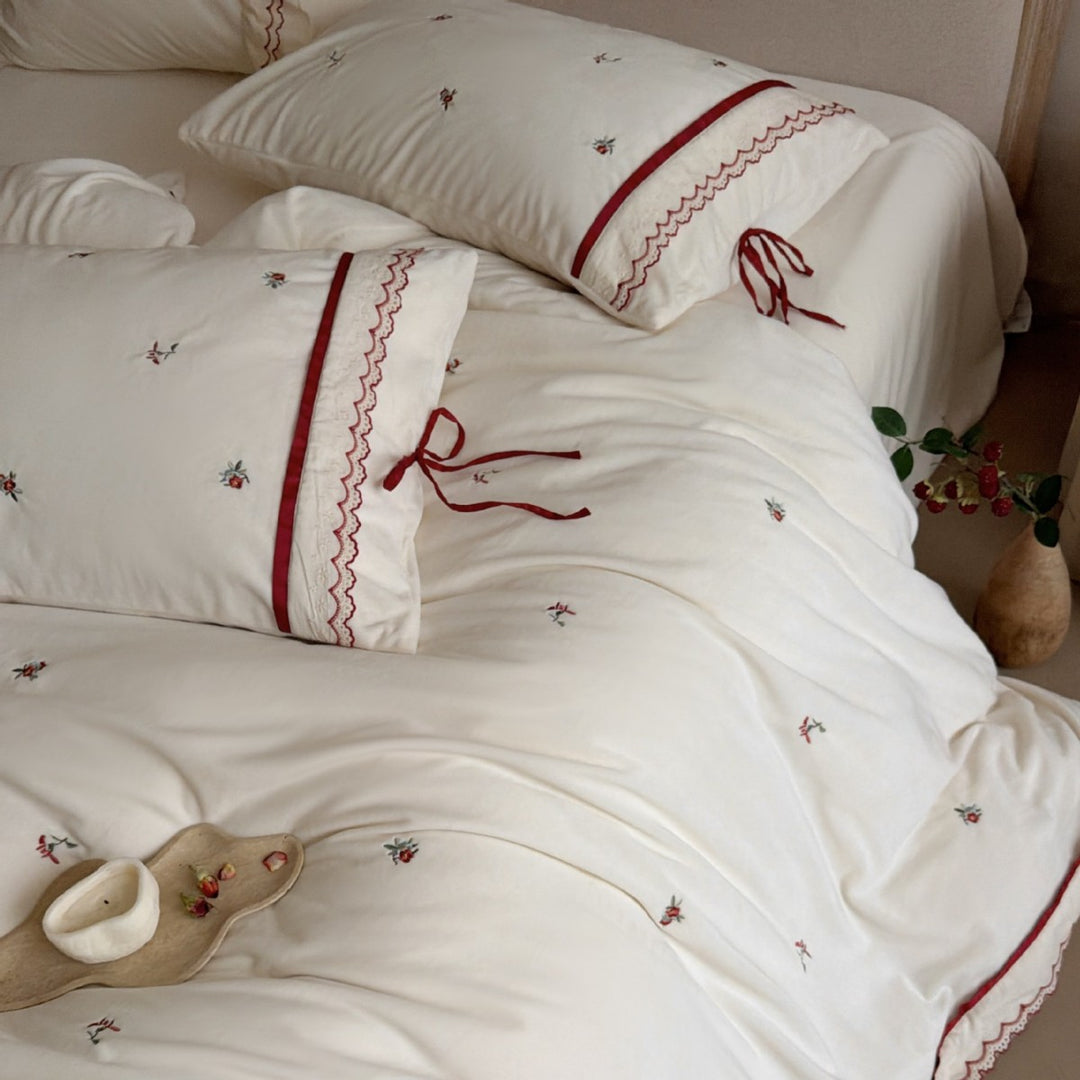 Embroidered Floral Cotton Sateen Duvet Cover Set with Scalloped Lace and Ribbon Ties