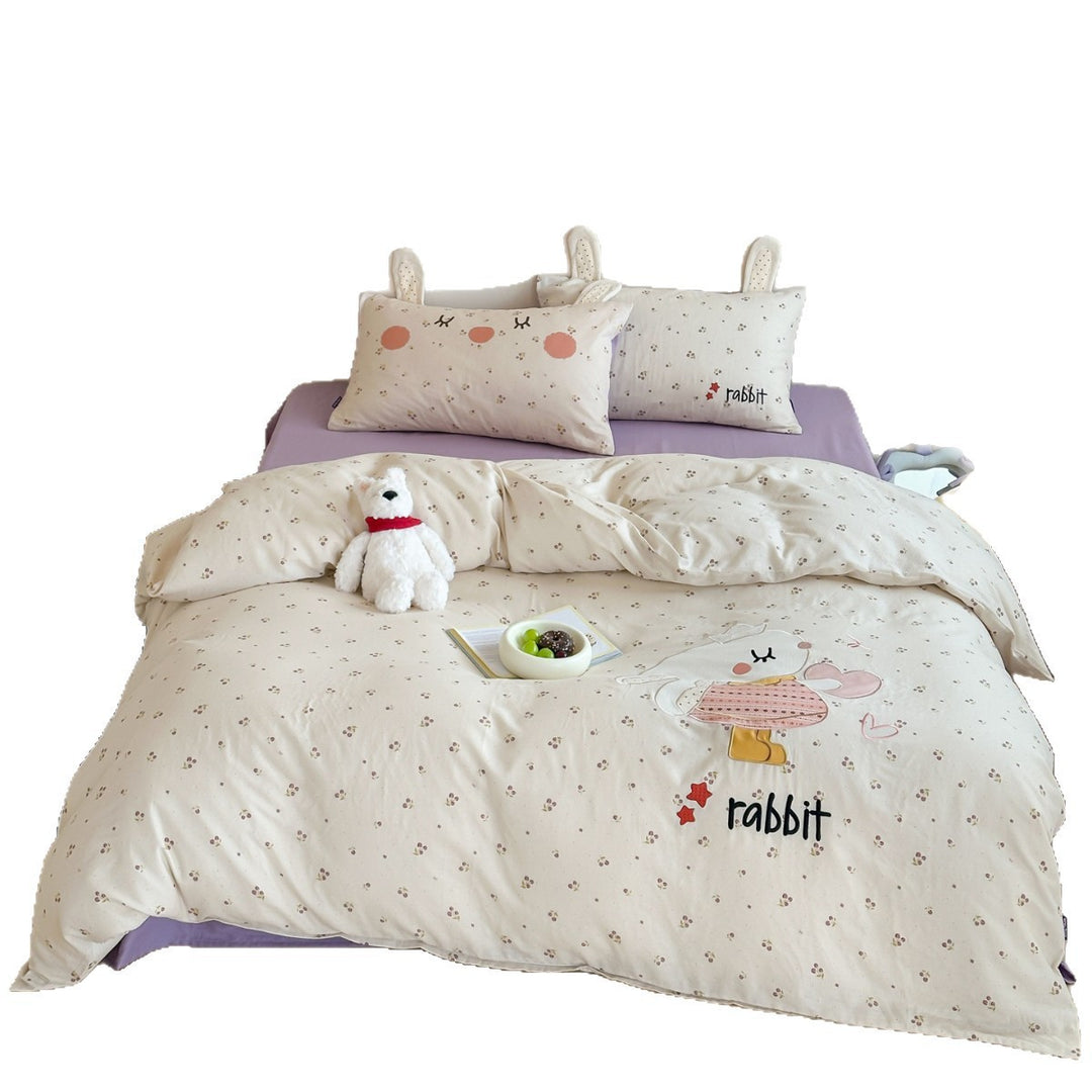 Kids Cartoon Rabbit Cotton Duvet Cover Set with 3D Ear Pillowcases