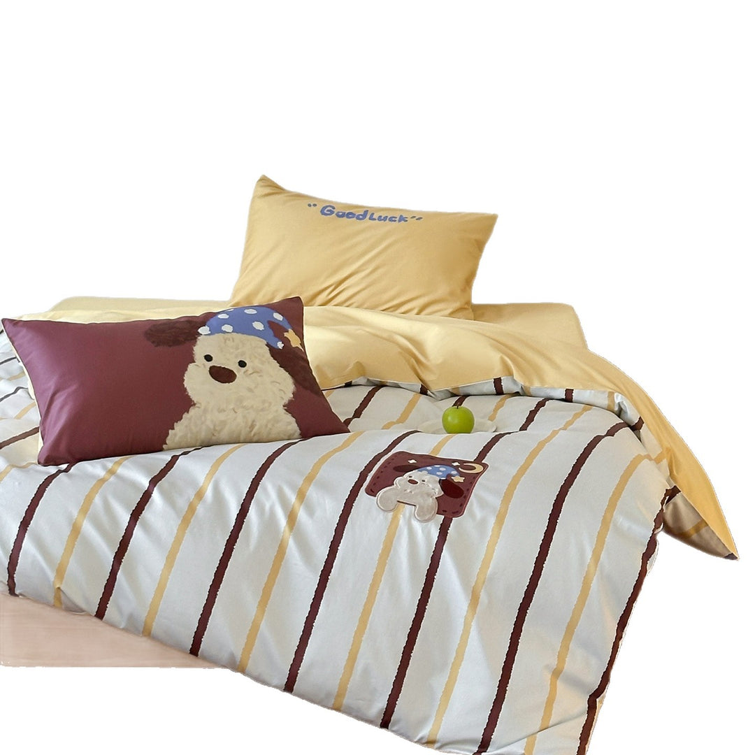 Children's bedding set with embroidered bear motif & fine stripe texture