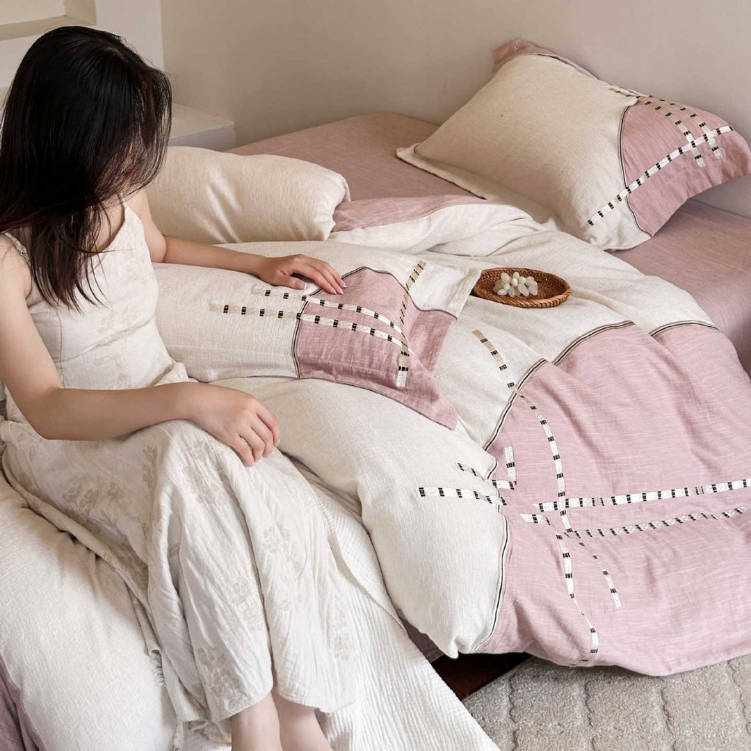 Cotton-Linen Textured Reversible Duvet Cover Set with Patchwork Stitch Detail
