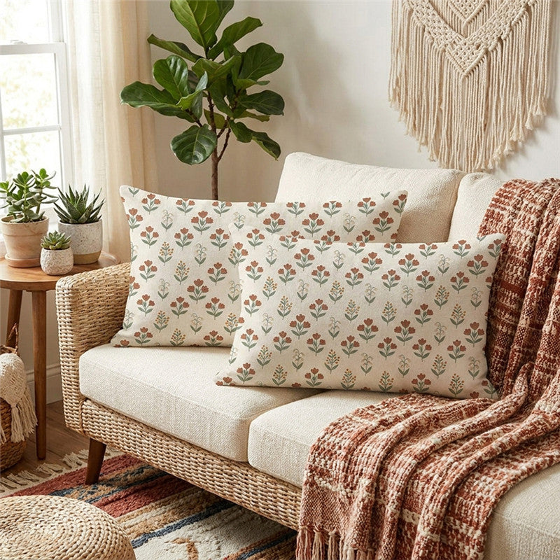 Rectangular Linen-Blend Floral Throw Pillow Cover
