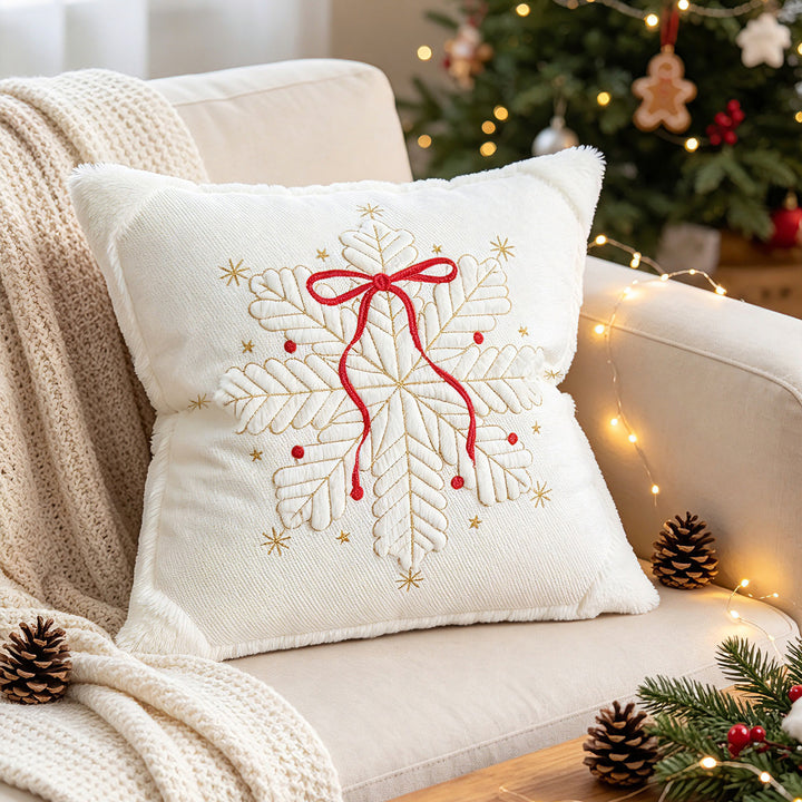 Festive Embroidered Faux-Fur Holiday Throw Pillow