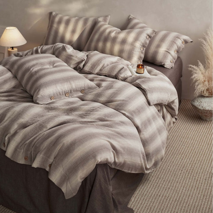 Linen-Feel Washed Cotton Stripe Duvet Cover Set with Button Closure & Pillow Shams