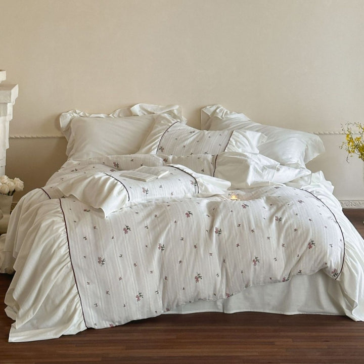 Vintage-Inspired Floral Embroidered Cotton Duvet Cover Set with Ruffled Shams and Piped Trim