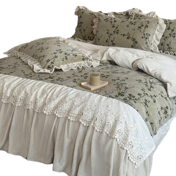 Reversible Floral-Print Cotton Duvet Cover Set with Ruffled Shams and Lace-Trim Bed Skirt