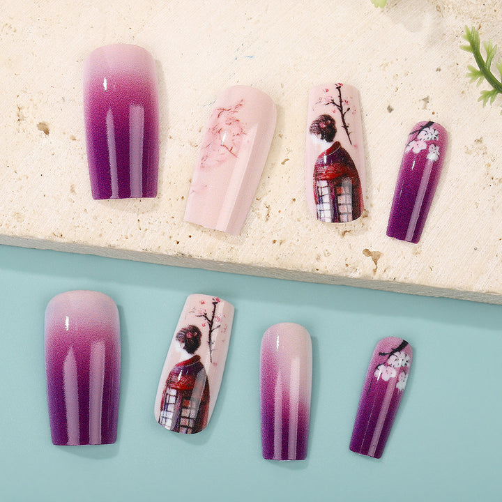 Elegant Artificial Nails Set with Ombre Design and Artistic Accents Stornfield