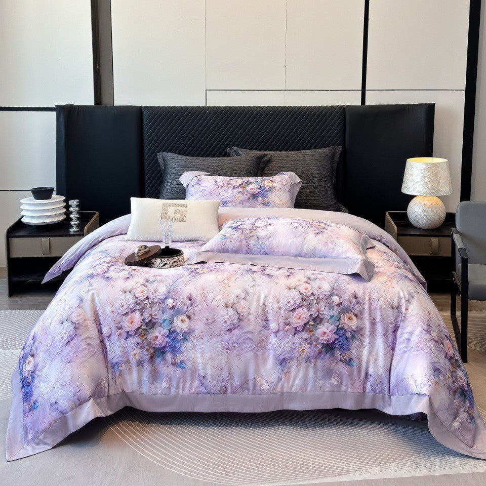 Luxurious satin bedding set with rose pattern and silky shiny surface