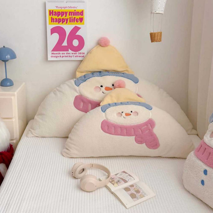Plush Semi-Circle Decorative Throw Pillow with Snowman Appliqué and Pom-Pom Hat