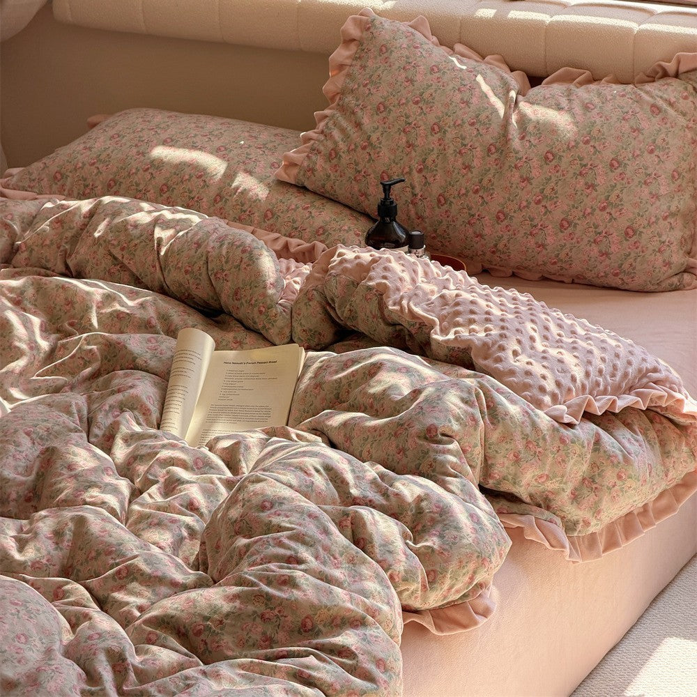Ruffled Gingham Cotton Duvet Cover Set with Embroidered Motif and Pillow Shams