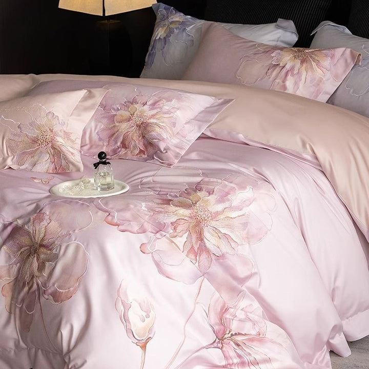 Silky Sateen Hydrangea-Print Duvet Cover Set with Reversible Back and Decorative Shams