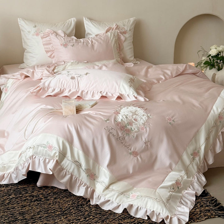 Rose-Embroidered Satin-Blend Ruffled Duvet Cover Set with Lace-Inset Border & Matching Shams