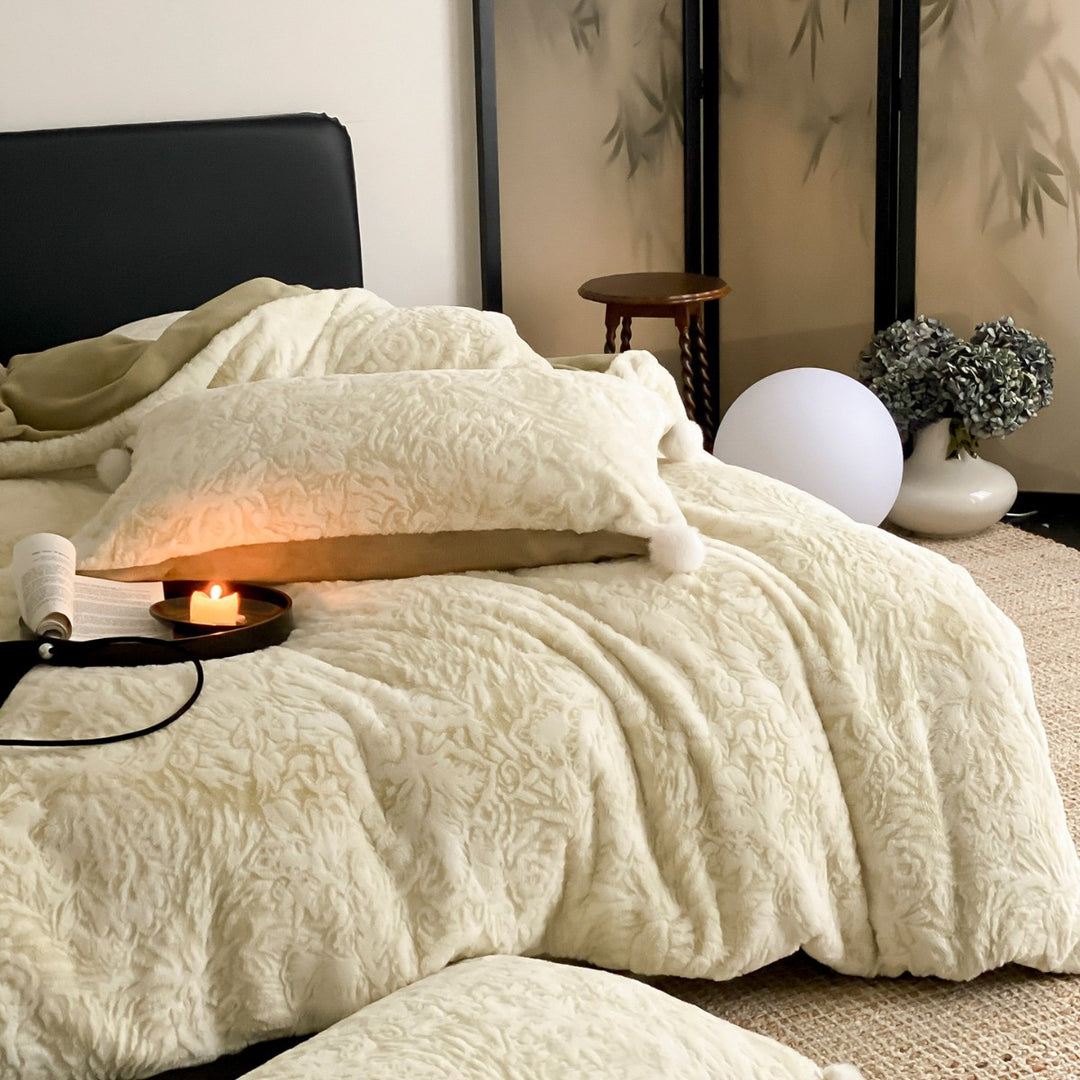Plush Embossed Floral Sherpa Duvet Cover Set with Pom-Pom Trim