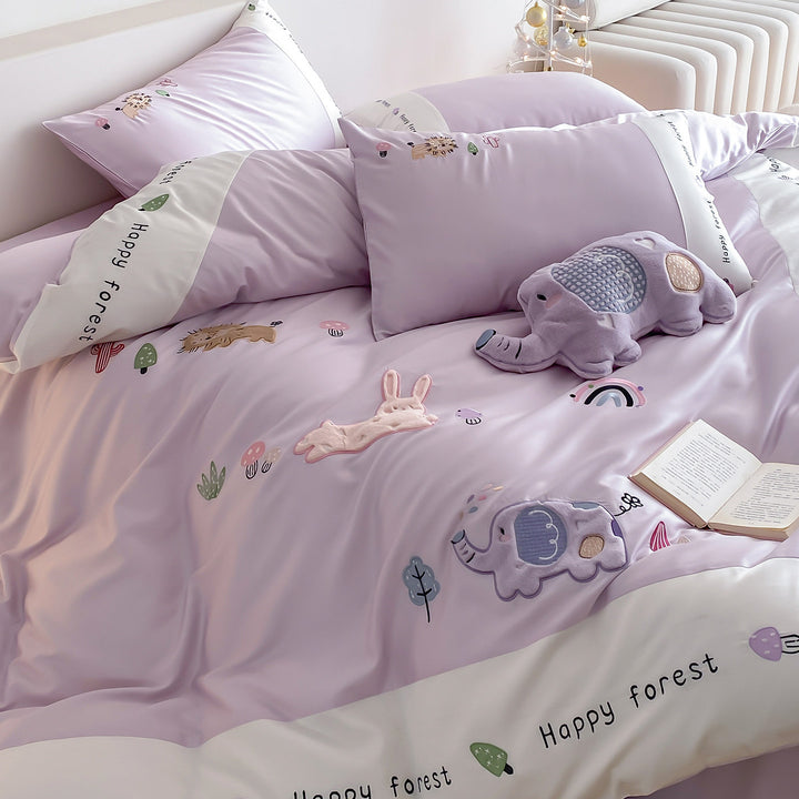 Playful Elephant Embroidered Satin-Feel Duvet Cover Set