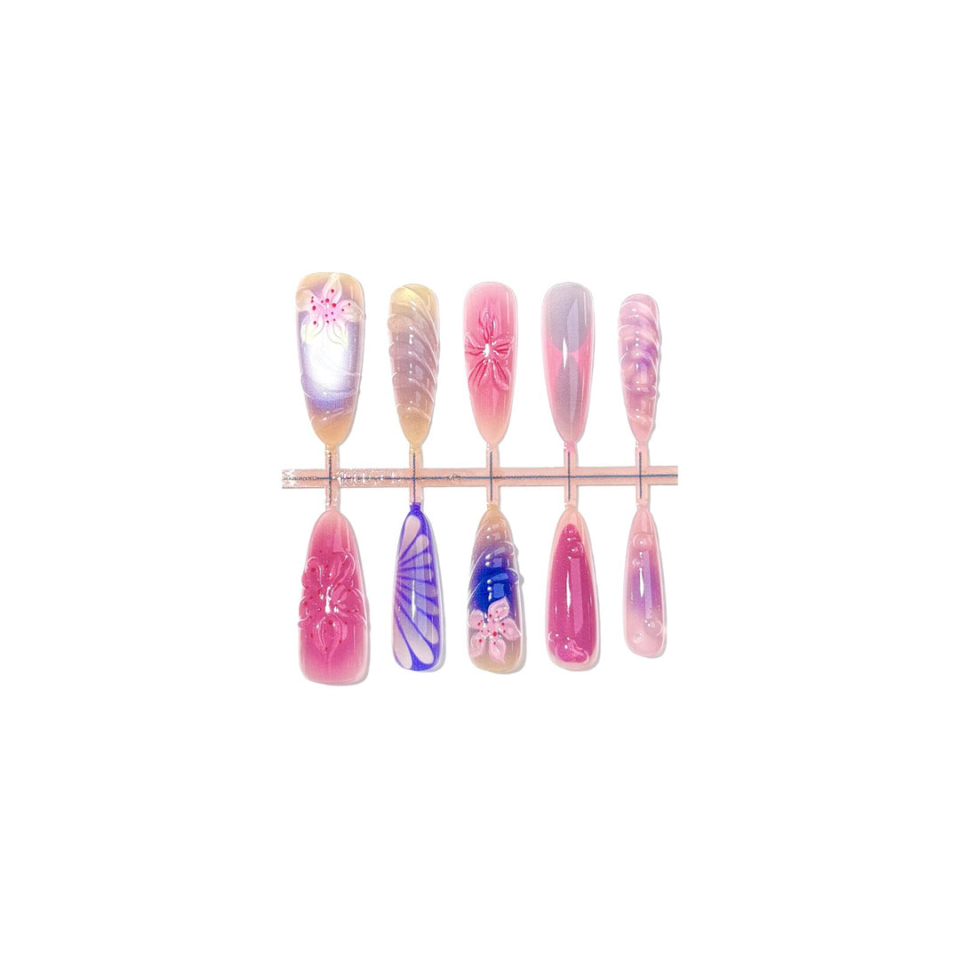 Decorative Press-On Nail Set with Floral and Artistic Designs