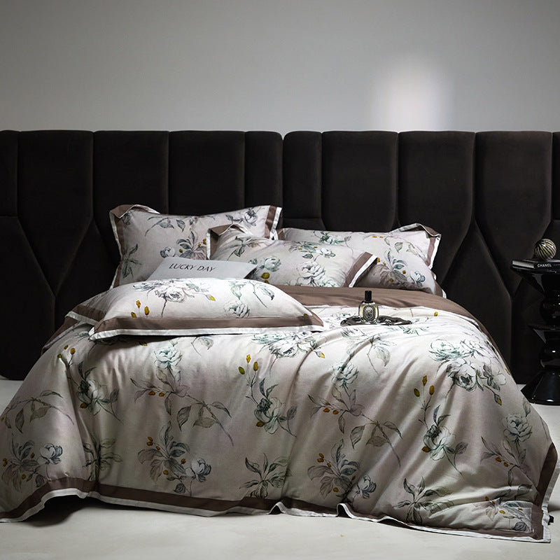 Botanical Watercolor Satin-Blend Reversible Duvet Cover Set with Piped Edge and Pillow Shams