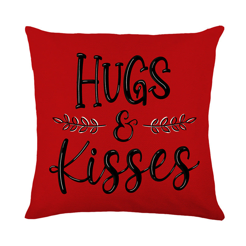 Square Cotton-Linen Decorative Pillow Cover with 'Hugs & Kisses' Handlettered Script and Laurel Accent