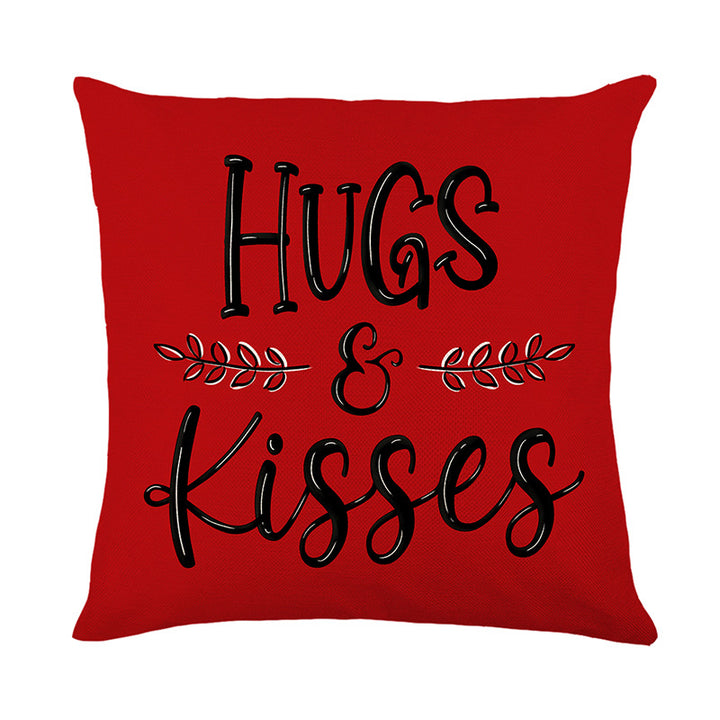 Square Cotton-Linen Decorative Pillow Cover with 'Hugs & Kisses' Handlettered Script and Laurel Accent