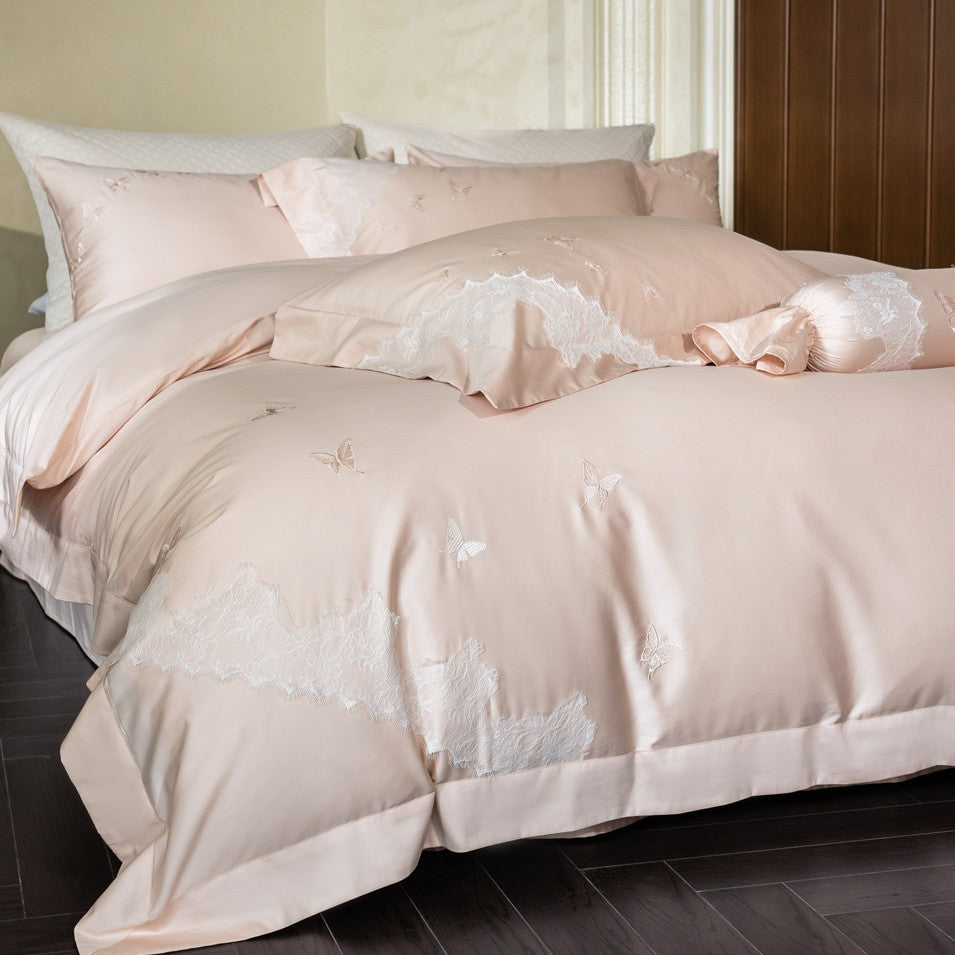 Butterfly Embroidered Lace-Trim Sateen Duvet Cover Set with Bolster Pillow