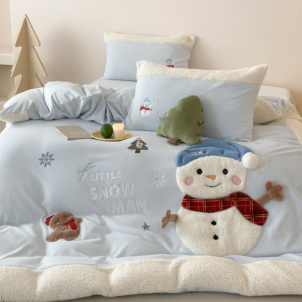 Children's bedding set with teddy fleece edge and three-dimensional snowman appliqués