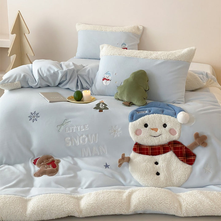 Children's bedding set with teddy fleece edge and three-dimensional snowman appliqués