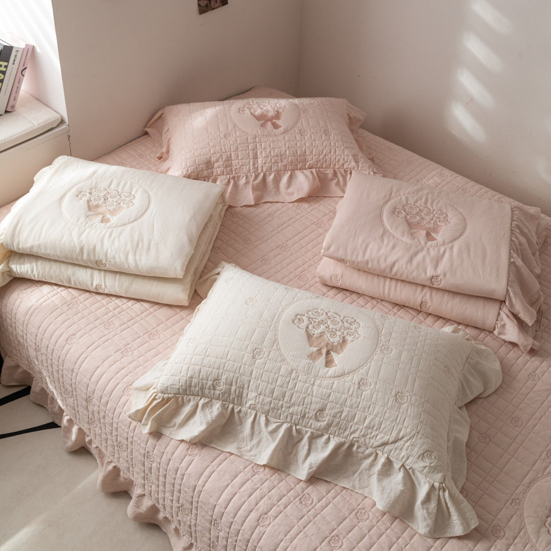 Quilted Floral Embroidered Ruffled Cotton Duvet Cover Set