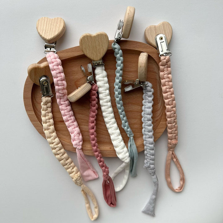 Braided Fabric Pacifier Clip with Wooden Heart Safety Clamp