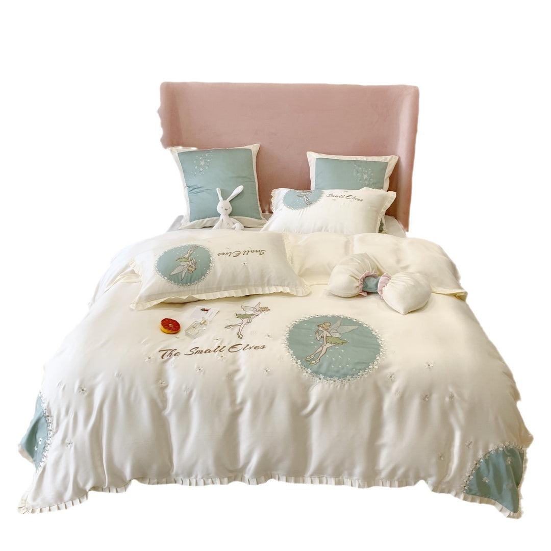 Satin bedding set with fairy embroidery, ruffled hem and decorative pillowcases