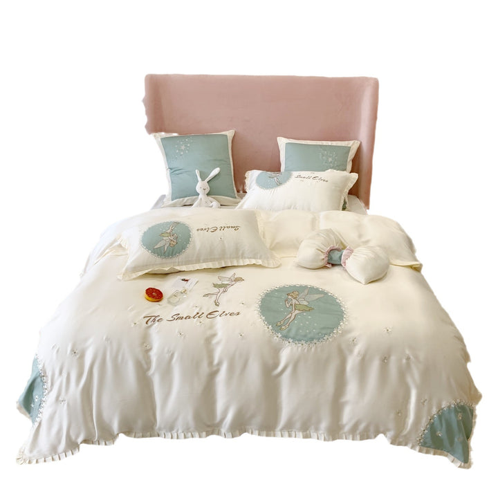 Satin bedding set with fairy embroidery, ruffled hem and decorative pillowcases