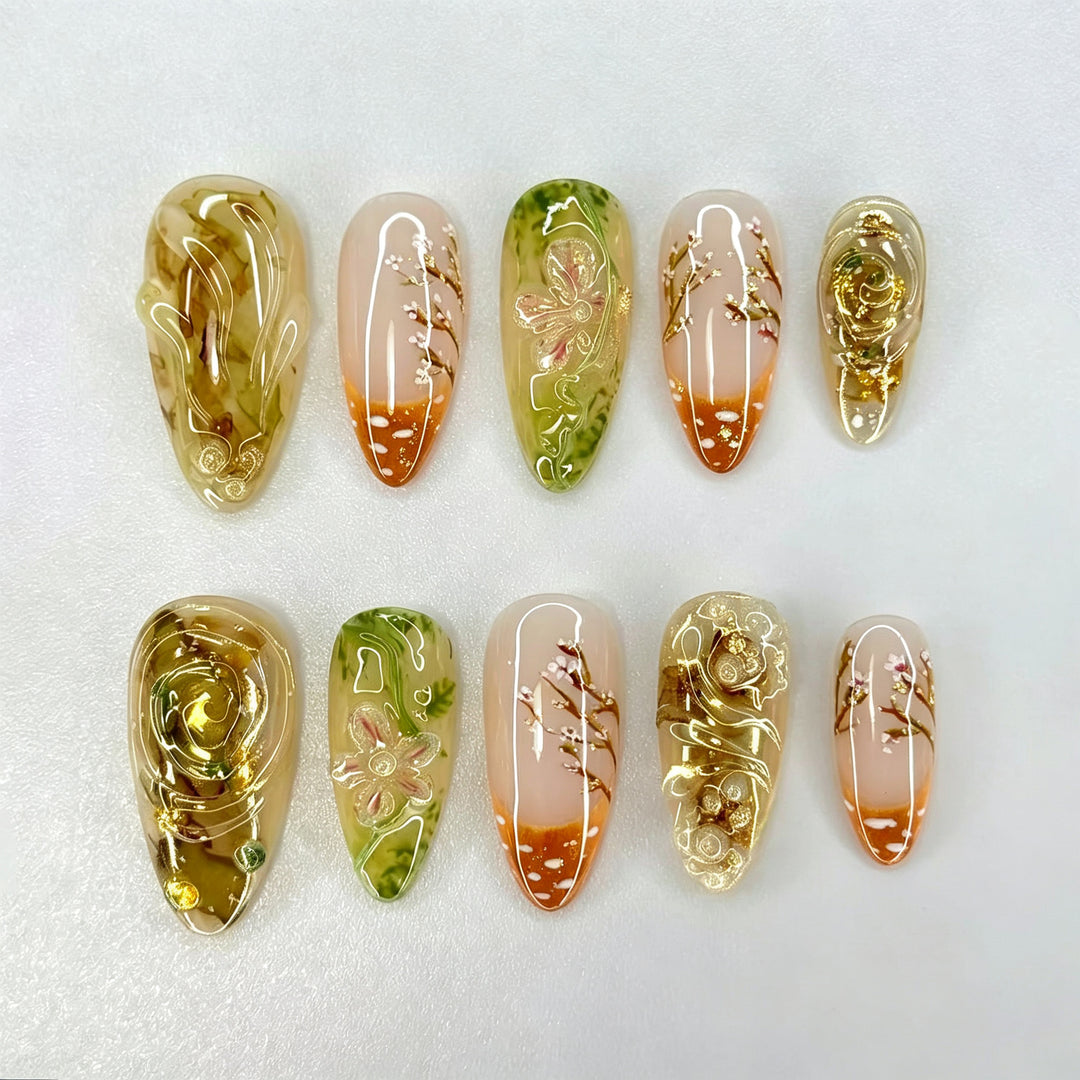 Artistic Press-On Nail Art Set with Floral Details Stornfield