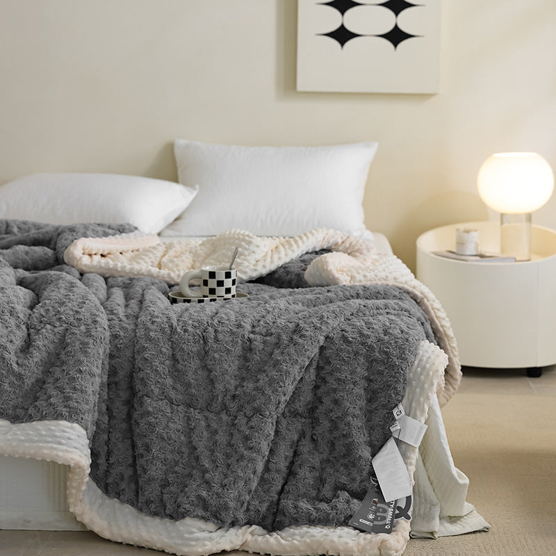 Plush Reversible Minky Throw Blanket with Rose Texture and Dot Minky Backing