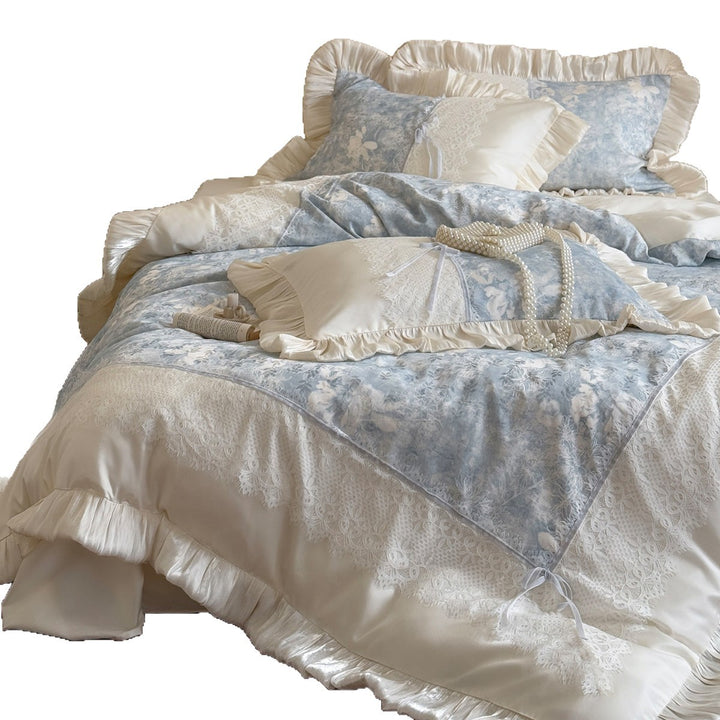 Ruffled Lace-Trim Cotton Sateen Duvet Cover Set with Bow-Tie Accents & Decorative Shams