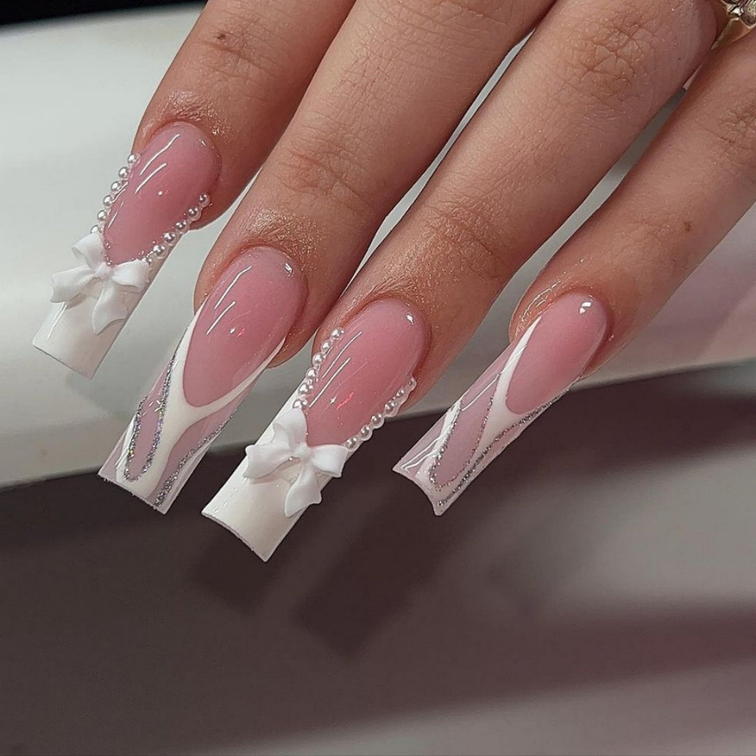 Decorative Long Coffin Nail Extensions with Bow Accents Stornfield