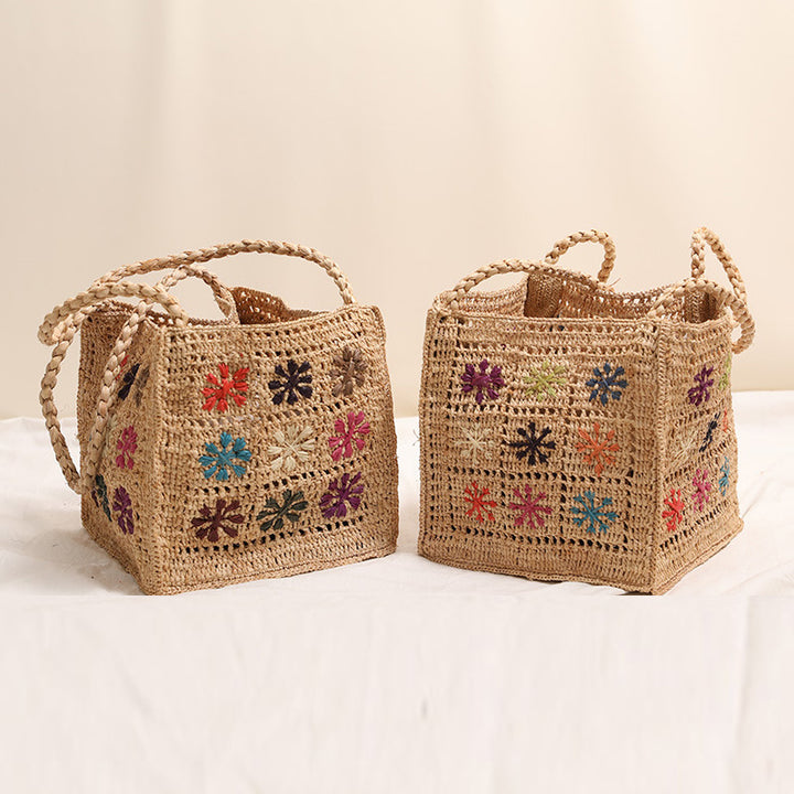 Handcrafted straw bag with colorful embroidery design Stornfield