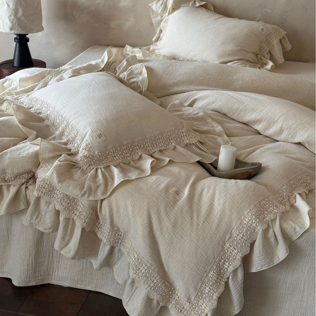 Cotton gauze duvet cover set with hand-crocheted lace trim and ruffle