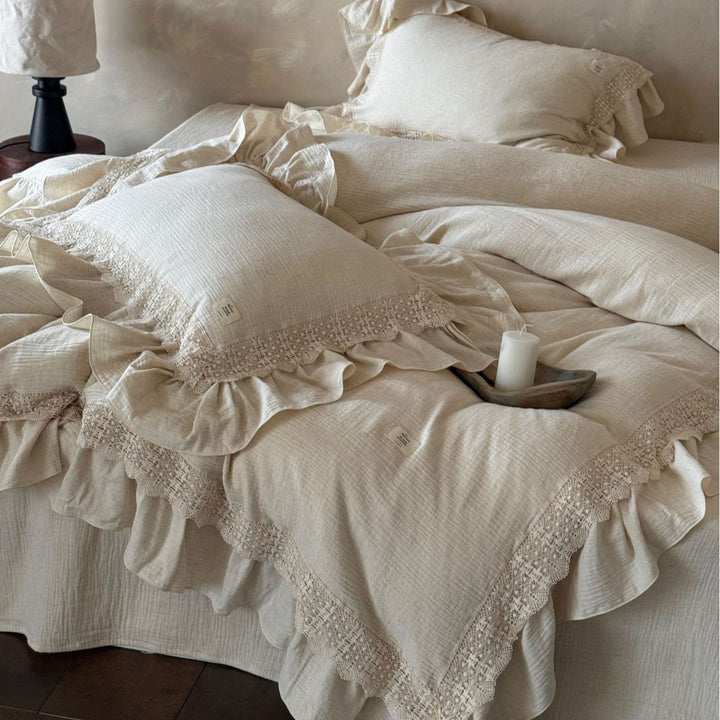 Cotton gauze duvet cover set with hand-crocheted lace trim and ruffle