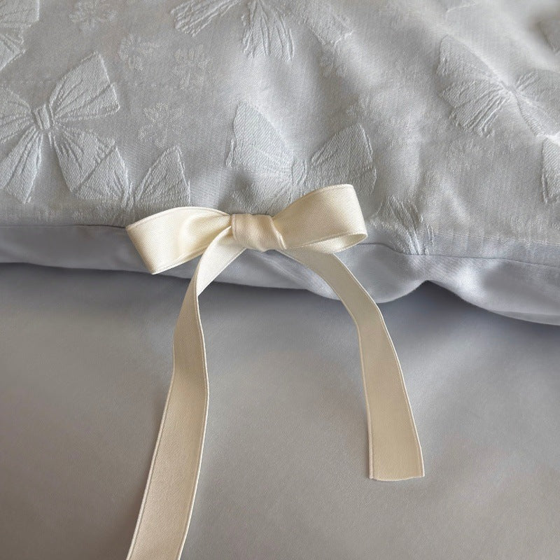 Jacquard Floral Tie-Closure Duvet Cover Set with Satin Fitted Sheet and Ribbon Ties