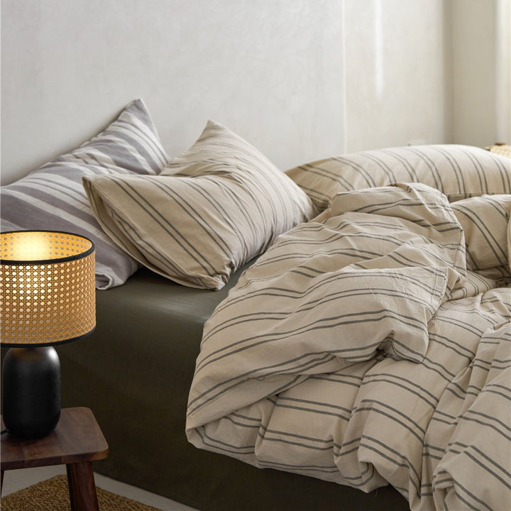 Breathable Washed Cotton-Linen Pinstripe Duvet Cover with Euro Shams