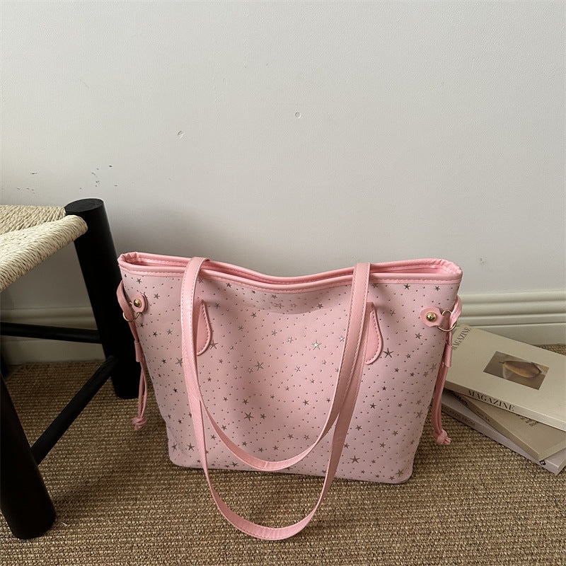 Star-Accented Faux Leather Tote Bag