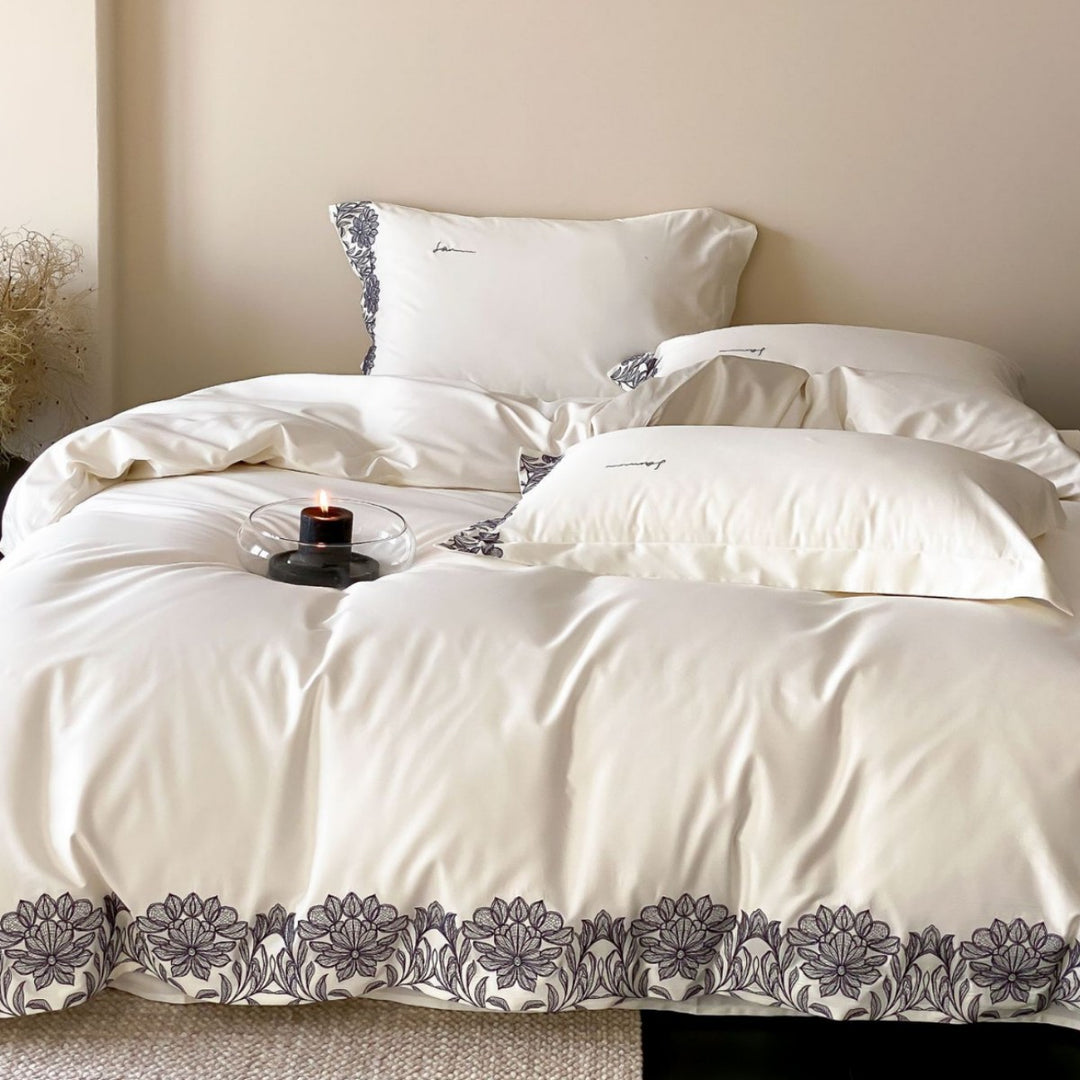 Cotton satin duvet cover set with fine floral border embroidery and silky feel