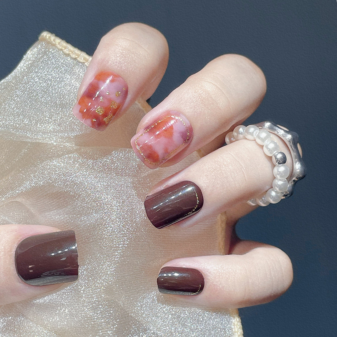 Artistic Press-On Nail Set with Marble and Metallic Accents Stornfield