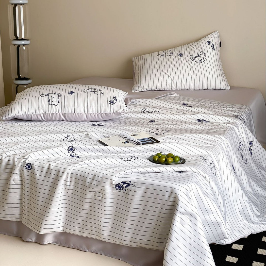 Cotton satin bed sheet and pillowcase set with fine pinstripe and subtle embroidery