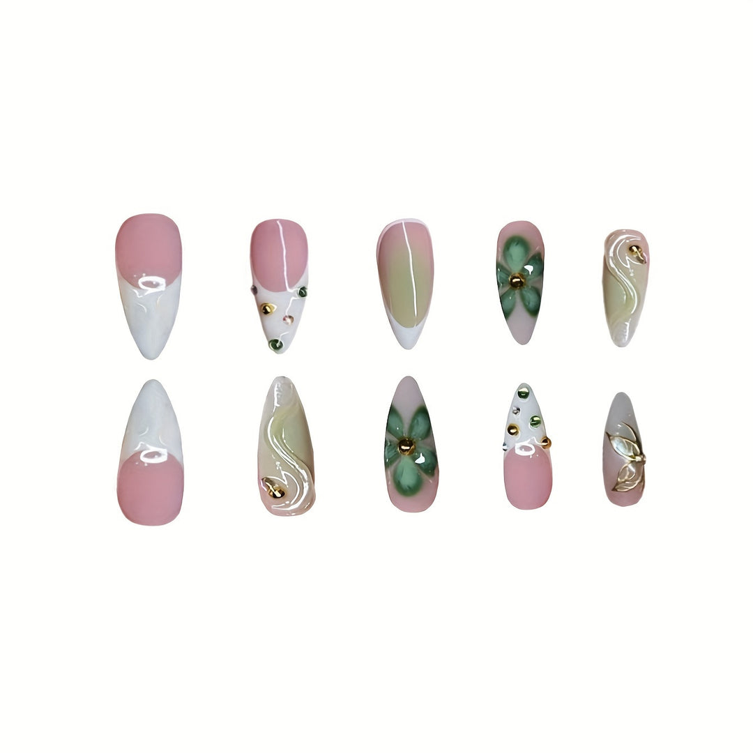 Artistic Press-On Nail Design with Floral Elements Stornfield