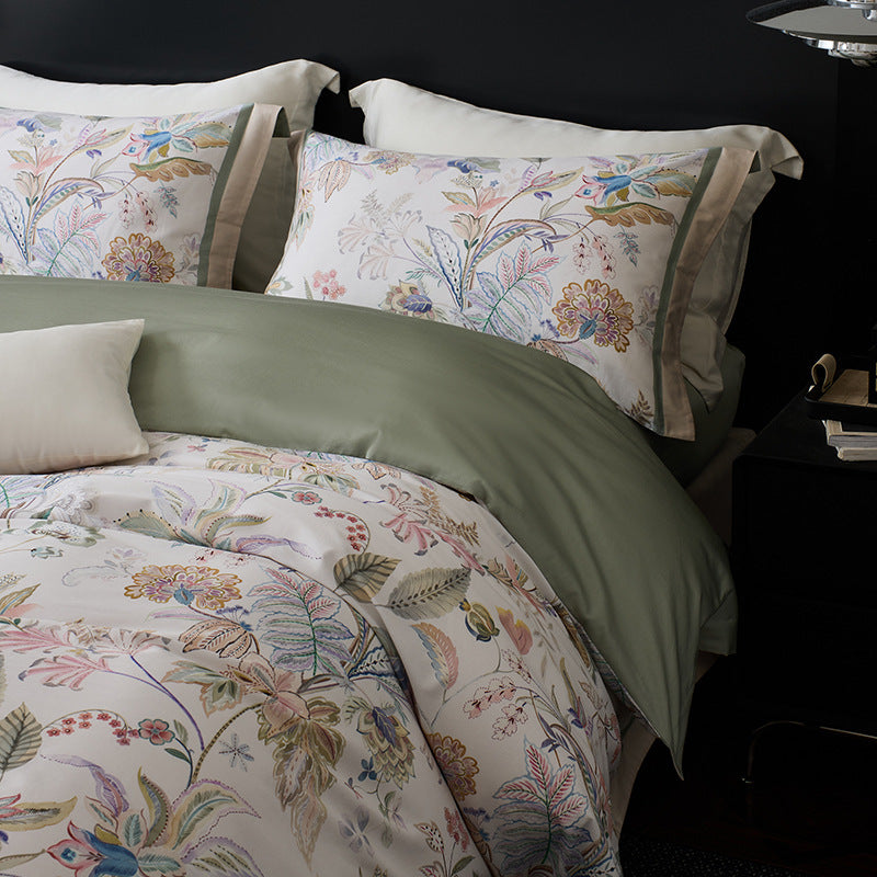 Botanical Vintage Meadow Print Cotton Duvet Cover Set with Sateen Reverse & Matching Shams
