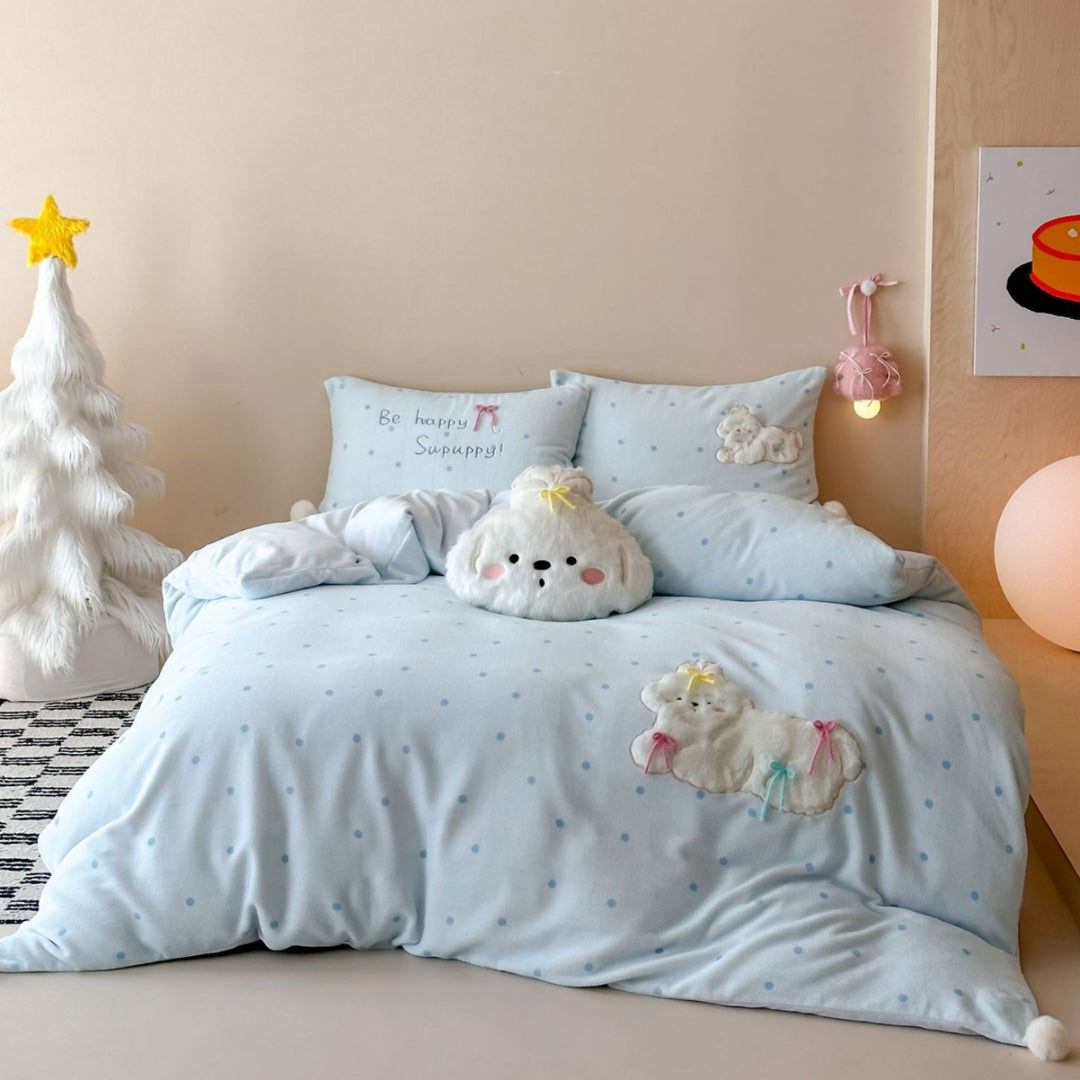 Pastel Polka-Dot Cotton Duvet Cover Set with Plush Cloud Appliqué & Decorative Pillow Shams
